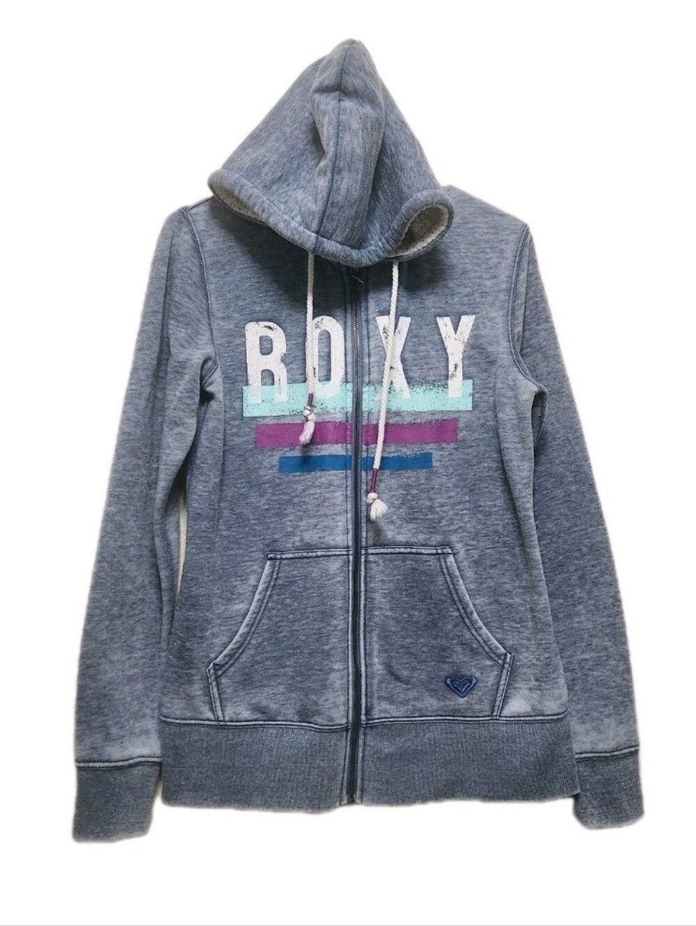 Y2K Roxy Zip Up Sweatshirt Hoodie XL Blue Gray Spellout Logo Sherpa Lined Beach